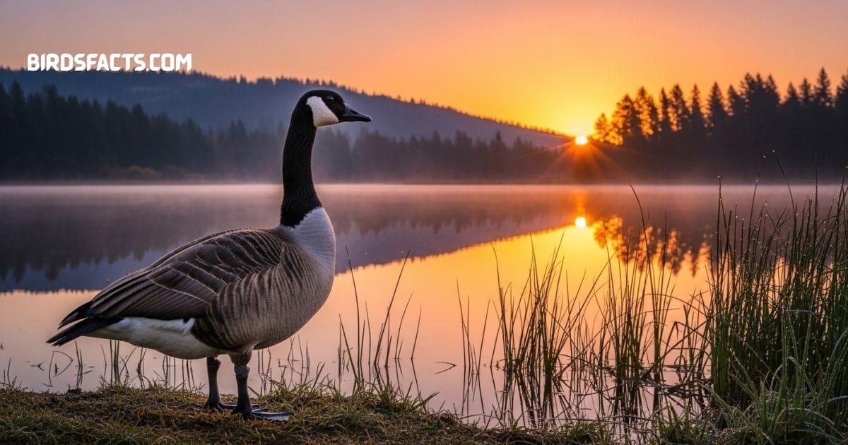 A Canada Goose with a black head, white cheek patch, and brown body swimming in a pond.