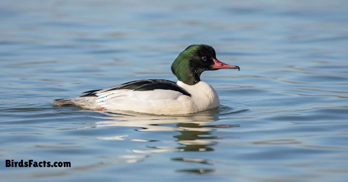 Common Merganser Swimming In Water Showing White Body Dark Green Head And Long Red Beak