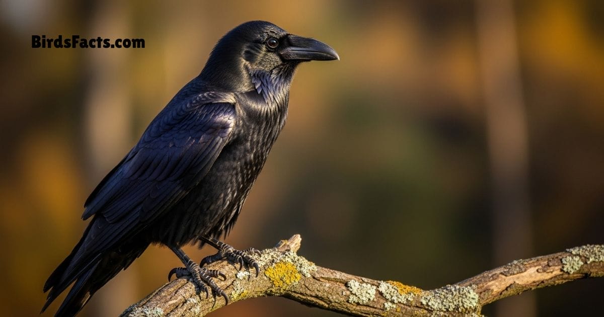 Common Raven Bird Perched On Rock Showing Shiny Black Feathers Large Beak And Strong Build