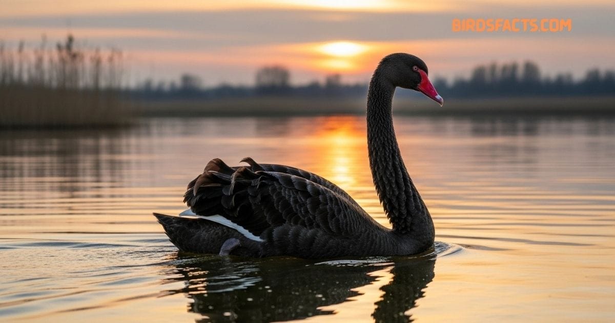 A Cygnus atratus, commonly known as a Black Swan, with black feathers and a bright red bill gliding on a lake.