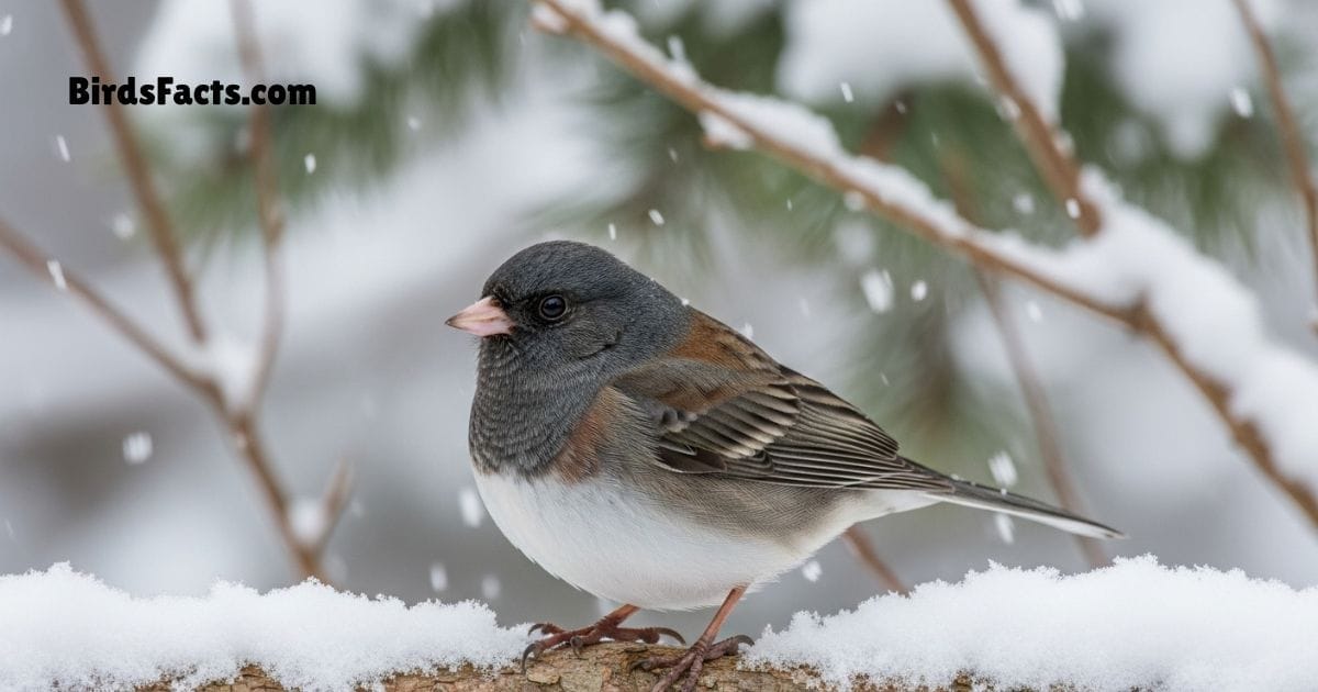 Dark Eyed Junco Bird Perched On Ground Showing Gray Body White Belly And Small Pink Beak 