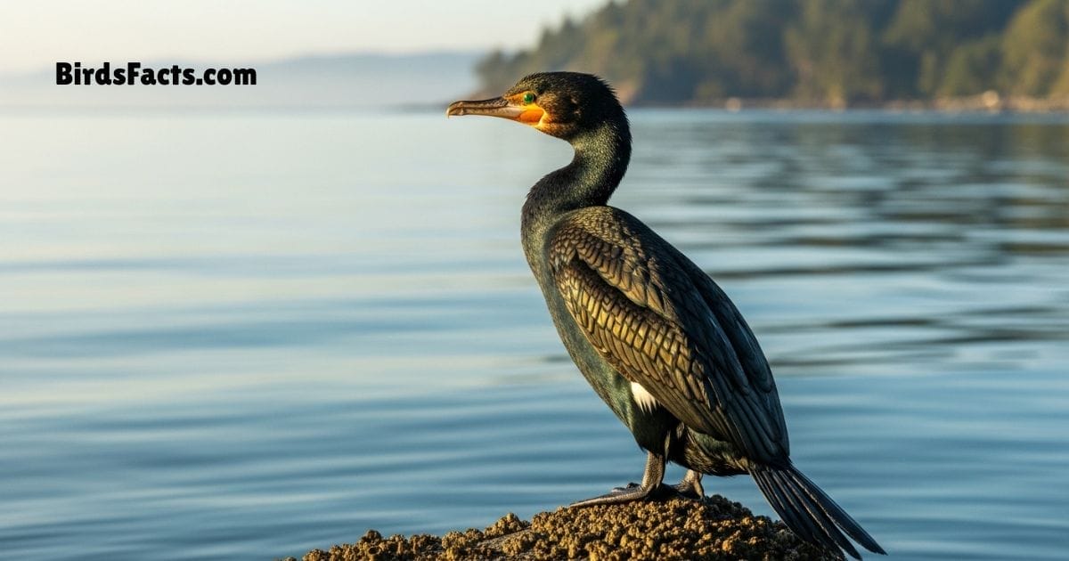 Double Crested Cormorant Bird Perched On Rock Showing Dark Body Long Neck And Hooked Beak