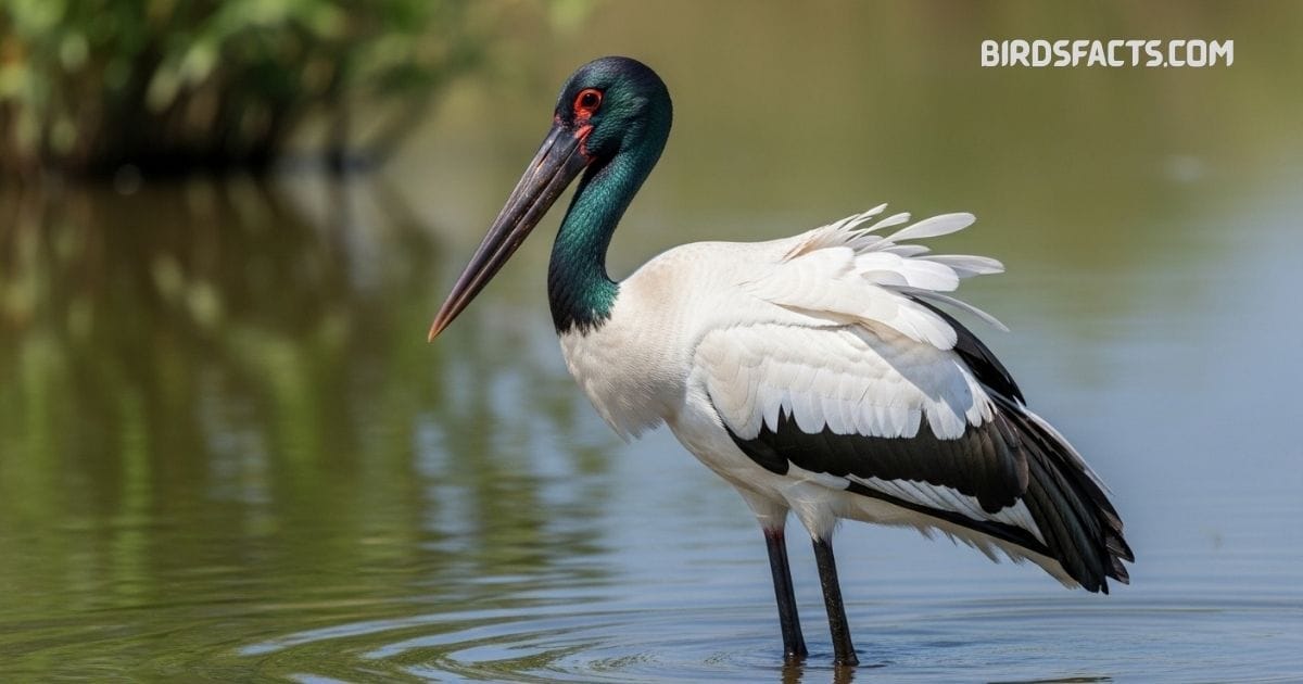 An Ephippiorhynchus asiaticus australis, or Black-necked Stork, with a glossy black neck, white body, and long red legs standing in a wetland.