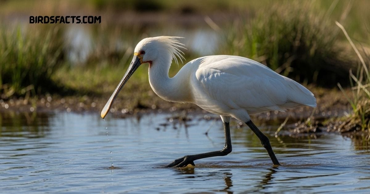 A European Spoonbill With White Plumage And A Long Flat Spoon-shaped Bill Wading In Shallow Water.
