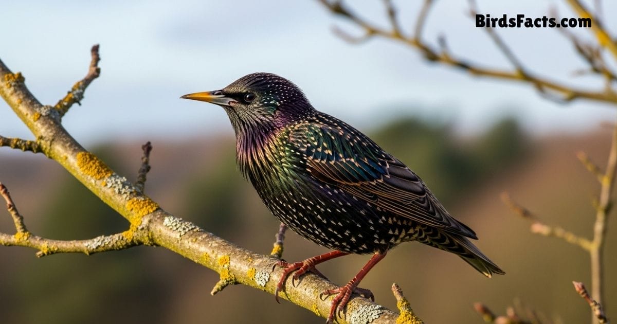 European Starling Bird Perched On Branch Showing Iridescent Black Plumage Speckled White Spots And Yellow Beak