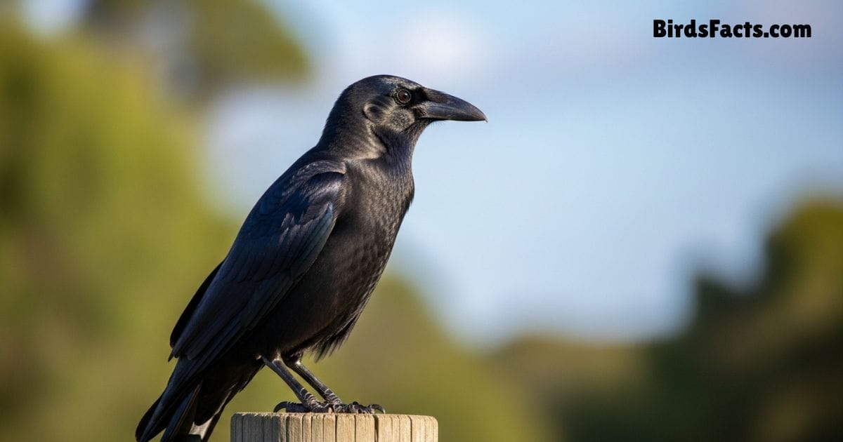 Fish Crow Bird Perched On Branch Showing Glossy Black Plumage Small Black Beak And Dark Eyes