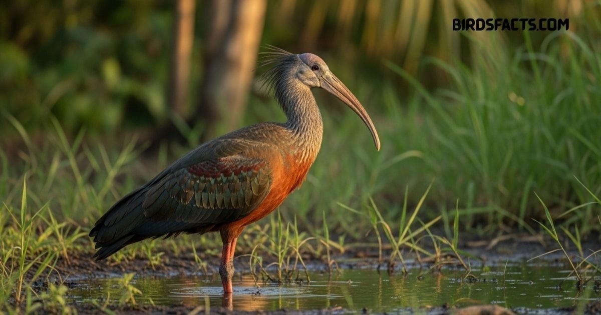 A Giant Ibis With Dark Gray-brown Plumage, Long Curved Bill, And Long Legs Walking Through Grassland.