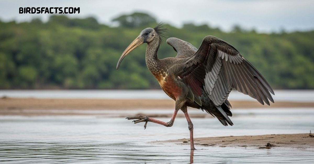A Giant Ibis with dark gray-brown plumage, long curved bill, and slender legs walking through grassland