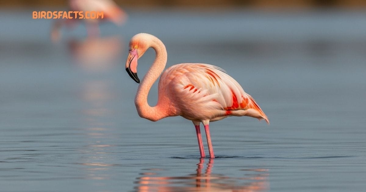A Greater Flamingo With Pale Pink Feathers, Long Legs, And A Curved Bill Wading In Shallow Water.
