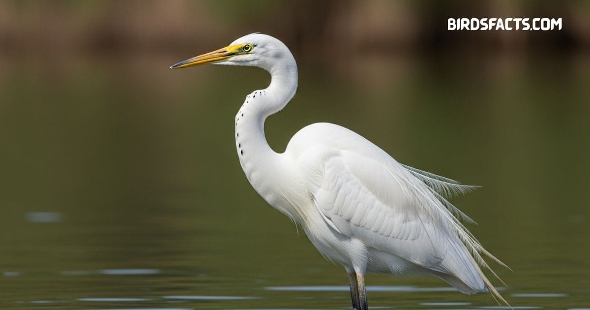 A Great Egret With Pure White Plumage, Long Legs, And A Yellow Bill Standing In Shallow Water.