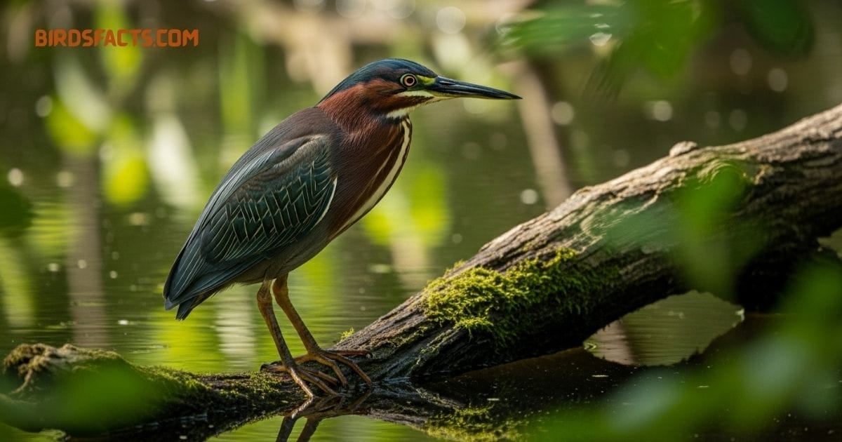 A Green Heron With A Dark Green Back, Chestnut Neck, And Yellow Legs Perched Near The Water’s Edge.