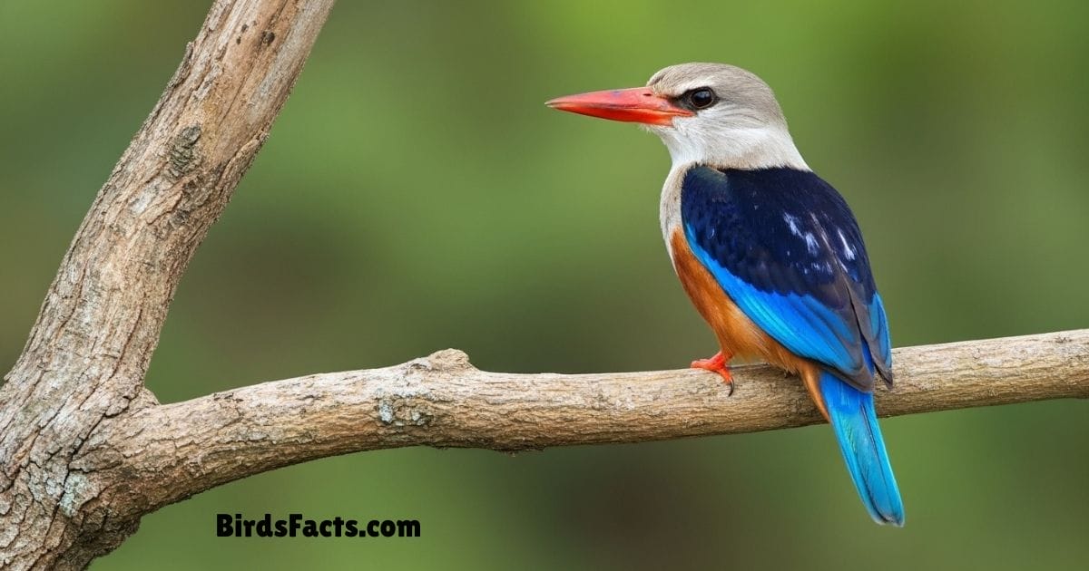 Grey Headed Kingfisher Perched On Branch Showing Grey Head Bright Blue Wings And Red Beak