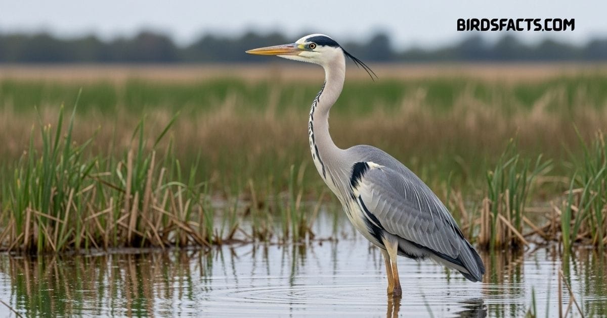 A Grey Heron Bird With Gray Feathers, Long Legs, And A Pointed Yellow Bill Standing By The Water’s Edge.