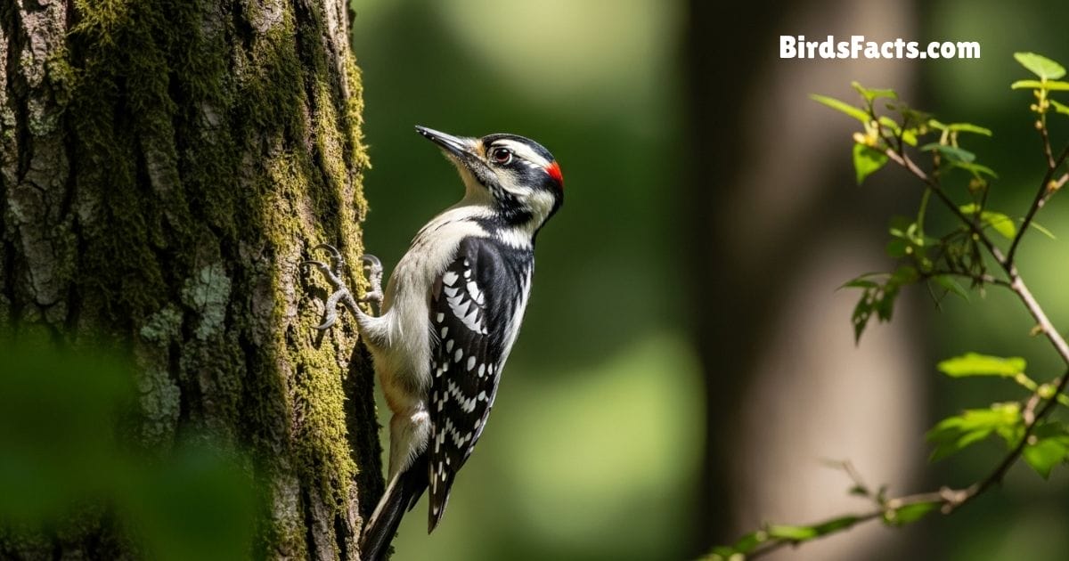 Hairy Woodpecker Bird Clinging To Tree Trunk Showing Black White Plumage And Long Straight Beak