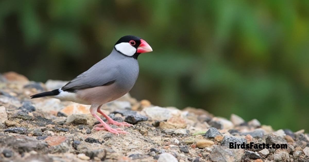Java Sparrow Perched On Branch Showing Grey Body Pink Beak Black Head And White Cheeks