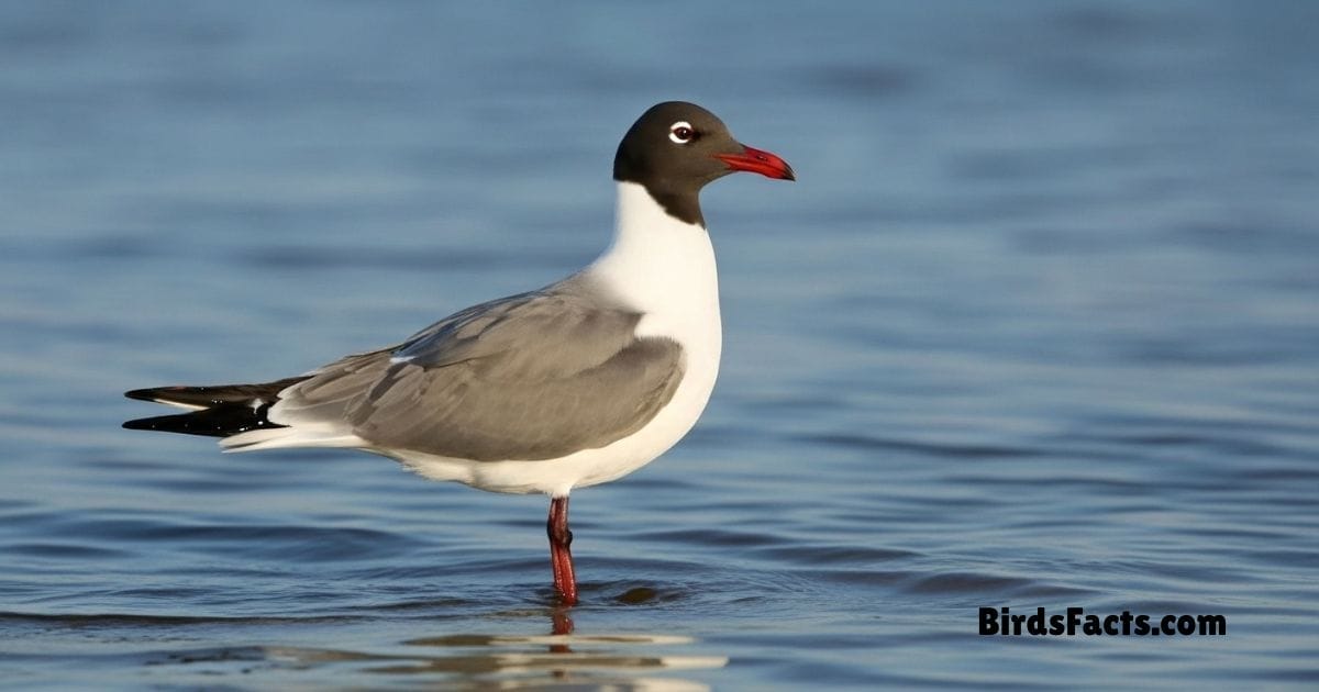 Laughing Gull Standing On Beach Showing White Body Grey Wings Black Head And Red Beak