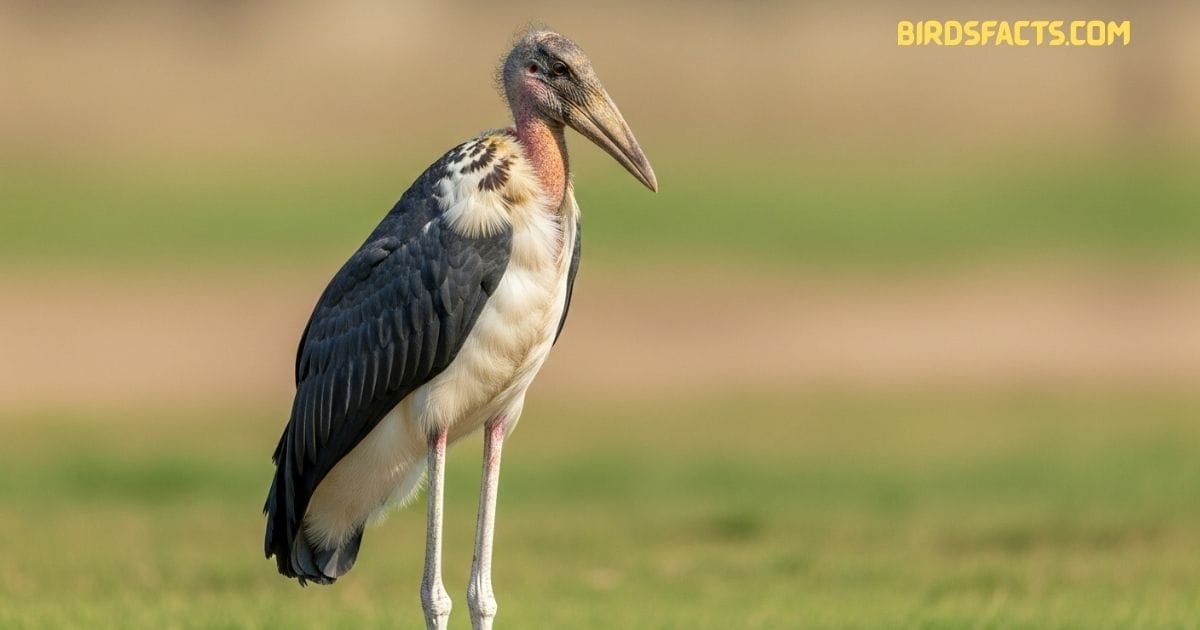 A Marabou Stork With A Bare Pink Head, Large Bill, And Dark Wings Standing On The Ground.