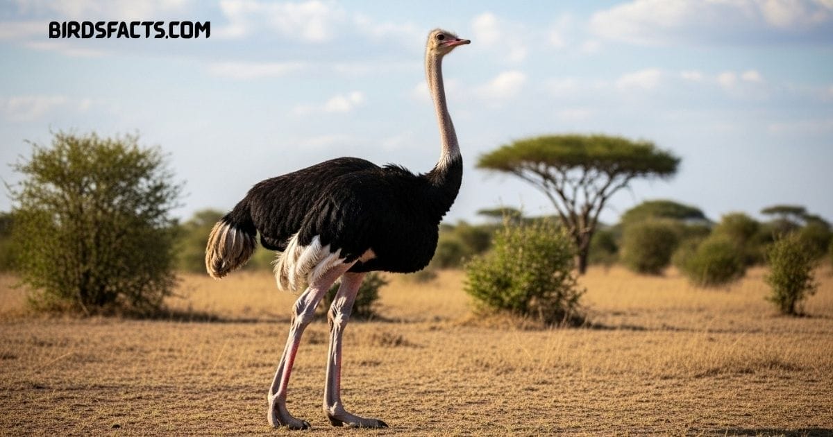 An Ostrich with a long neck, large body, and strong legs standing in open grassland.”