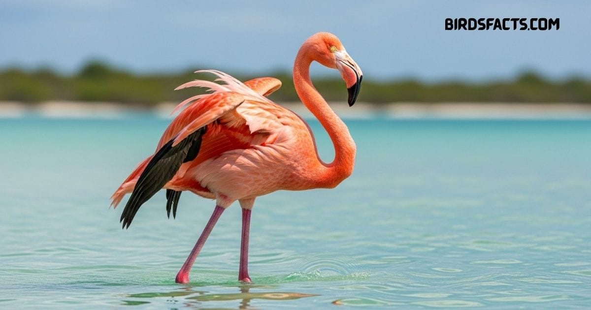 A Phoenicopterus Ruber, Or American Flamingo, With Bright Pink Plumage And Long Legs Wading In Shallow Water.