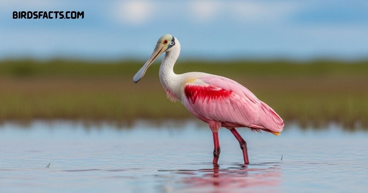 A Platalea Ajaja, Or Roseate Spoonbill, With Pink Plumage And A Flat Spoon-shaped Bill Wading In Shallow Water.