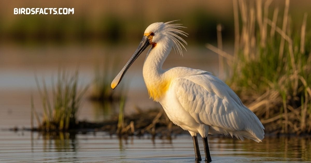 A Platalea leucorodia, or Eurasian Spoonbill, with white plumage and a long spoon-shaped bill wading in shallow water.”