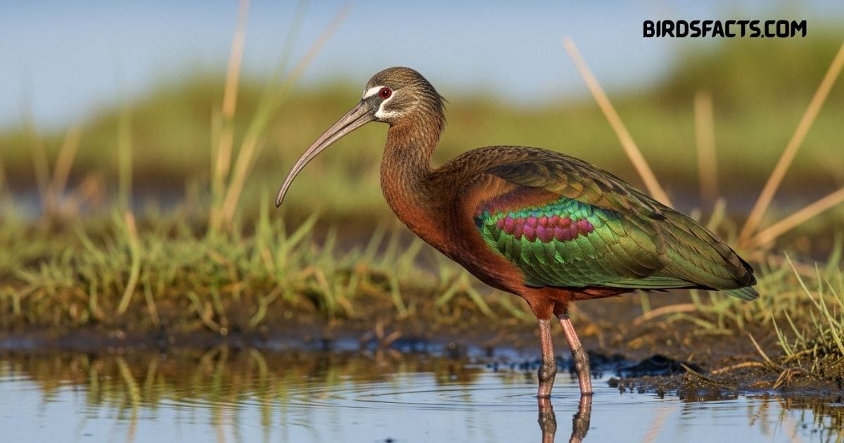 A Plegadis Chihi, Or White-faced Ibis, With Glossy Dark Plumage And A Long Curved Bill Standing In A Wetland.