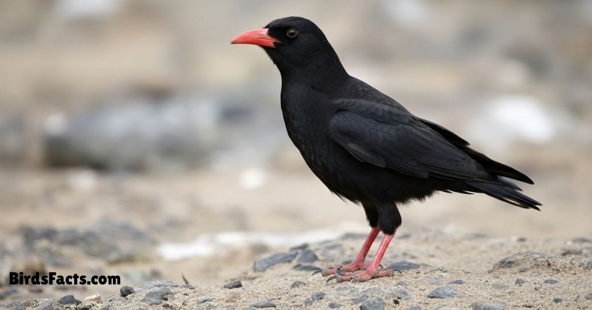 Red Billed Chough Standing On Rock Showing Black Glossy Feathers And Bright Red Curved Beak