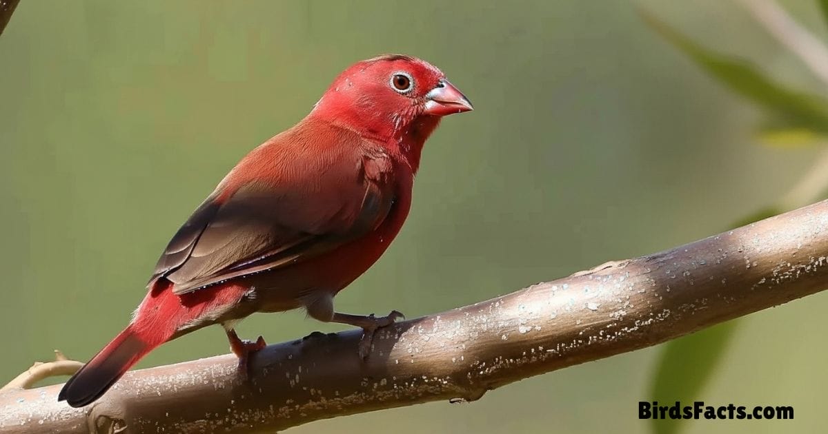 Red Billed Firefinch Perched On Grass Showing Bright Red Plumage Brown Wings And Small Red Beak