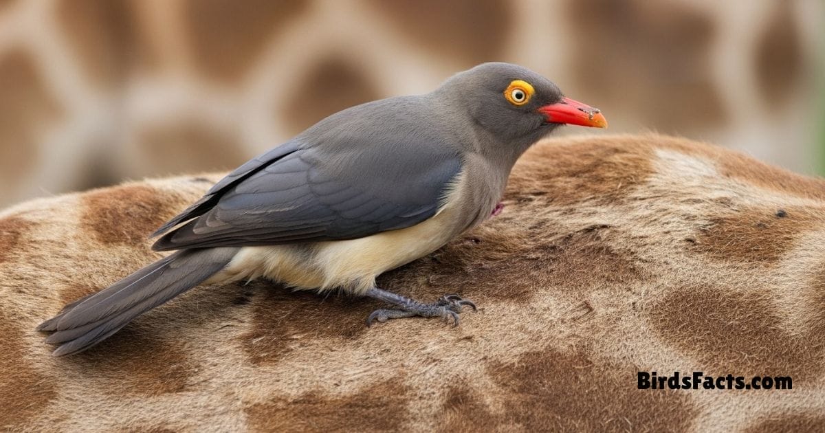 Red Billed Oxpecker Perched On Animal Back Showing Brown Body Yellow Eye Ring And Bright Red Beak