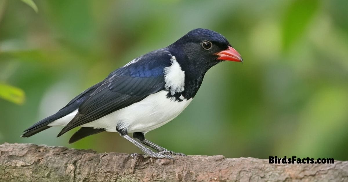 Red Billed Pied Tanager Perched On Branch Showing Black White Plumage And Bright Red Beak