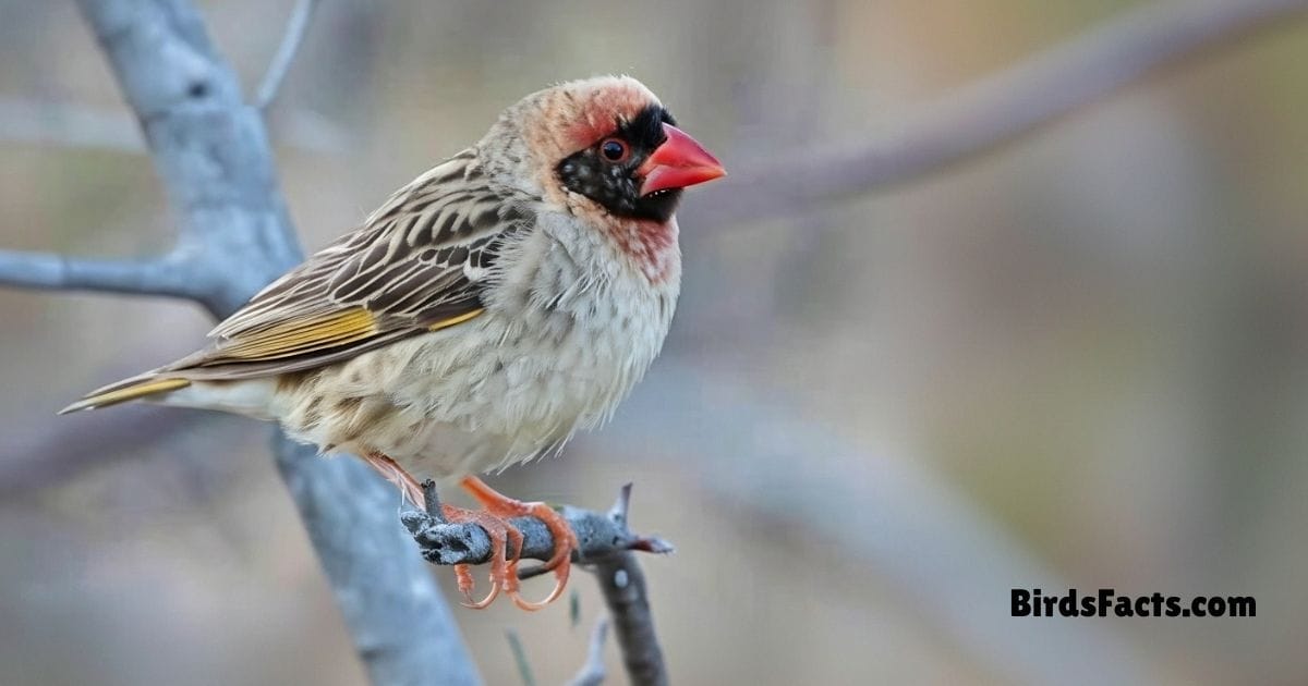 Red Billed Quelea Perched On Grass Stem Showing Small Brown Body Black Face Mask And Bright Red Beak