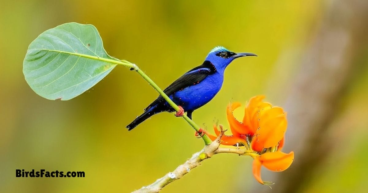 Red Legged Honeycreeper Perched On Branch Showing Bright Blue Plumage Black Mask And Red Legs