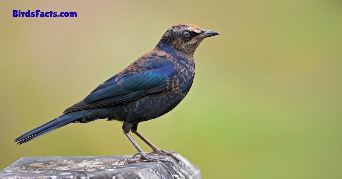 Rusty Blackbird Bird Perched On Branch Showing Dark Brown Plumage With Rusty Edges And Sharp Beak