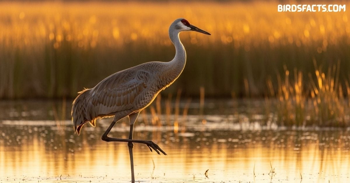 A Sandhill Crane with tall gray body, long legs, and a red crown walking through a wetland.