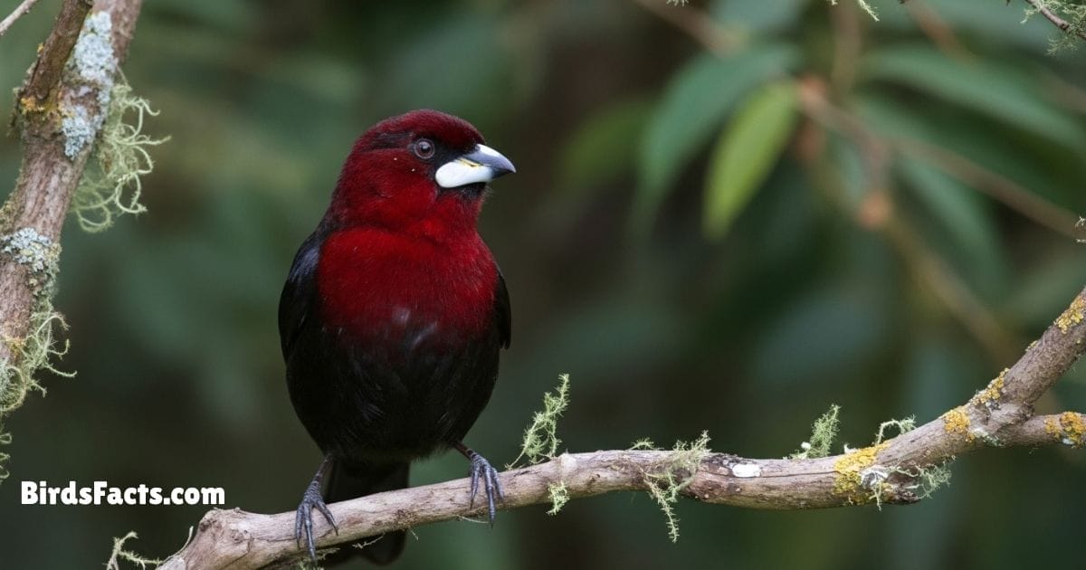 Silver Beaked Tanager Perched On Branch Showing Deep Red Plumage And Shiny Silver Beak