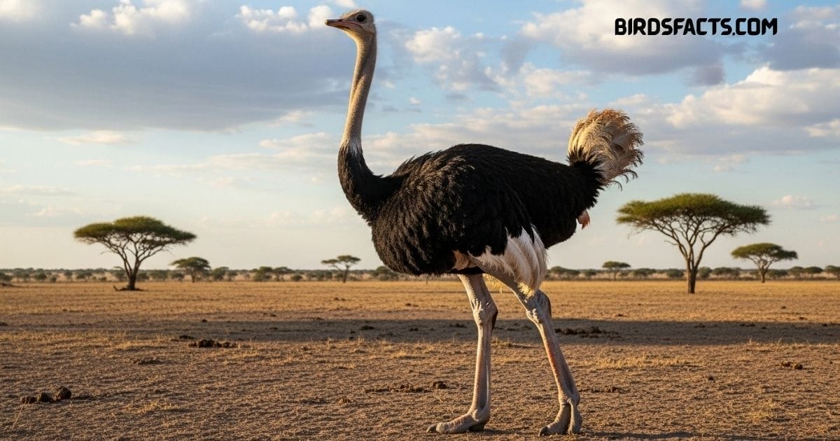 A Struthio camelus, or Ostrich, with a long neck, large body, and powerful legs standing in open grassland.
