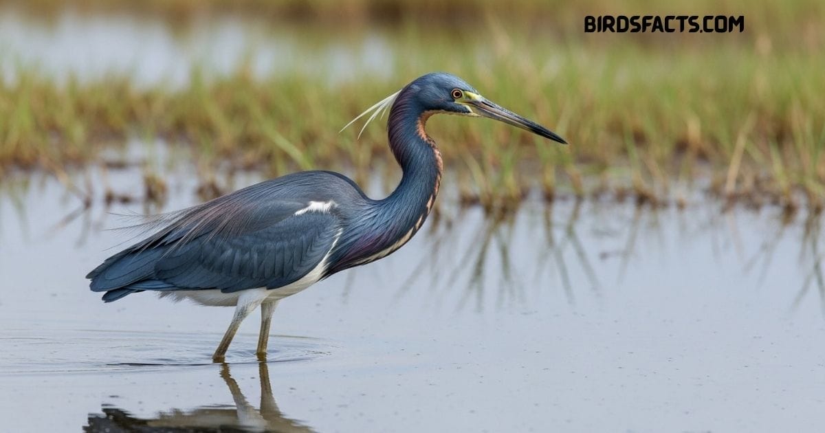 A Tricolored Heron With A Slender Neck, Bluish-gray Body, And White Belly Wading In Shallow Water.