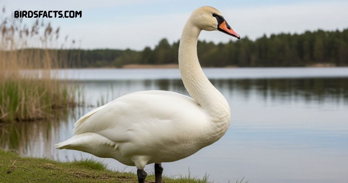 A Trumpeter Swan with a large white body and black bill gracefully swimming in a lake.”