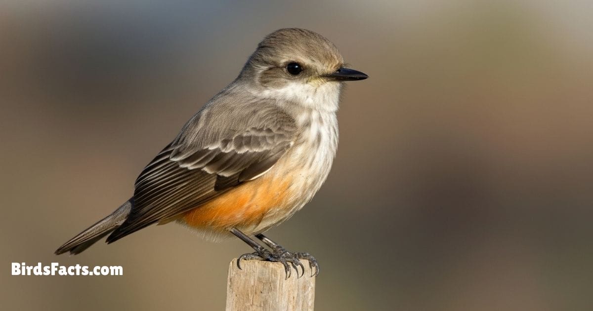 Vermilion Flycatcher Perched On Branch Showing Bright Red Plumage Dark Brown Wings And Small Black Beak