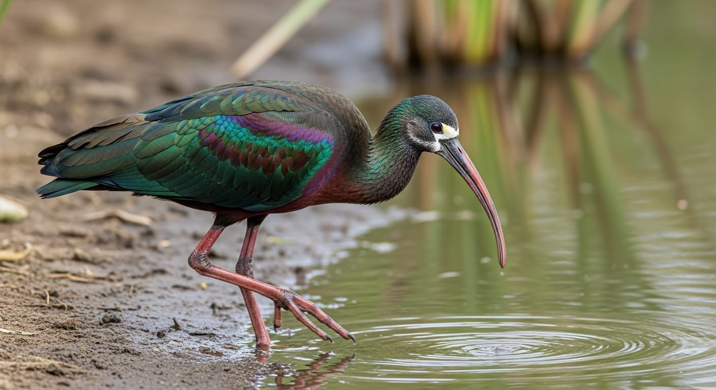 A White-Faced Ibis with dark iridescent plumage, long curved bill, and long legs standing in shallow water.