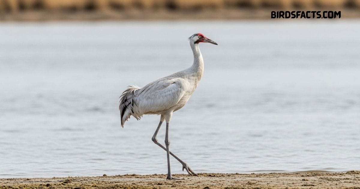 A Whooping Crane with tall white body, black wingtips, and a red crown standing in a wetland.”