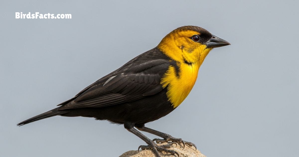 Yellow Headed Blackbird Bird Perched On Reed Showing Bright Yellow Head Black Body And White Wing Patches