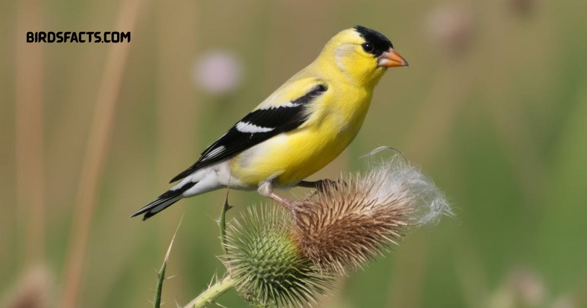 American Goldfinch With Bright Yellow Plumage, Black Wings, And Short Conical Beak Perched On A Branch