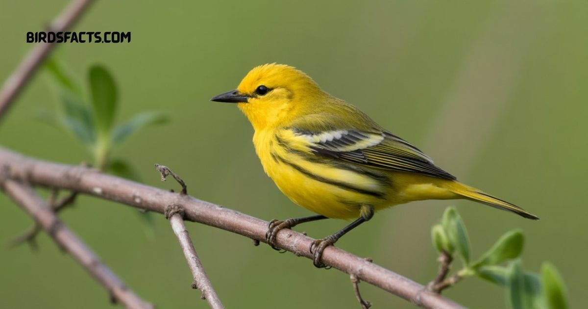 American Yellow Warbler With Bright Yellow Plumage And Slender Beak Perched On A Tree Branch