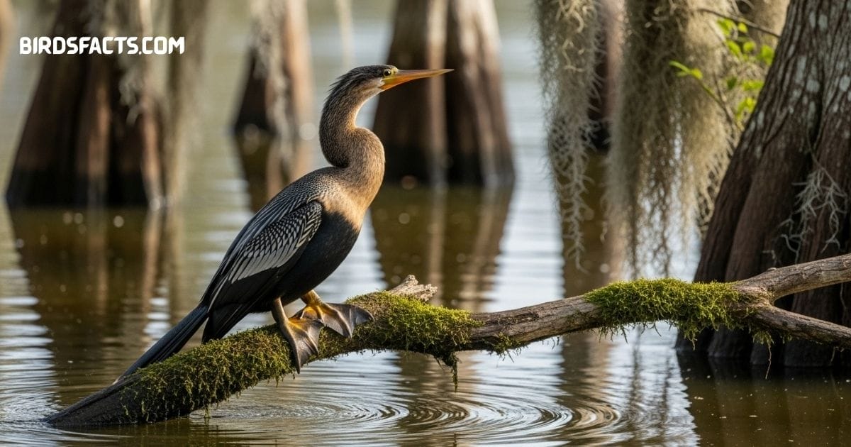 An Anhinga with a long neck and sharp bill spreading its wings to dry near the water.
