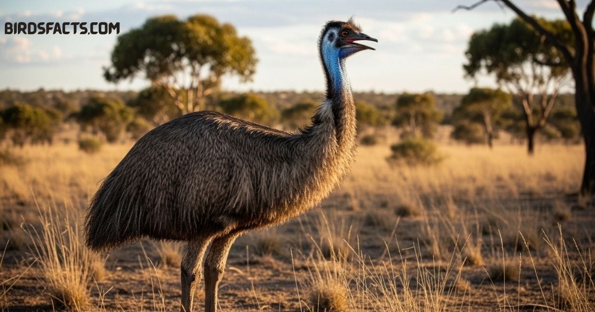 An Australian Emu with long legs, shaggy brown feathers, and a long neck walking across open grassland.