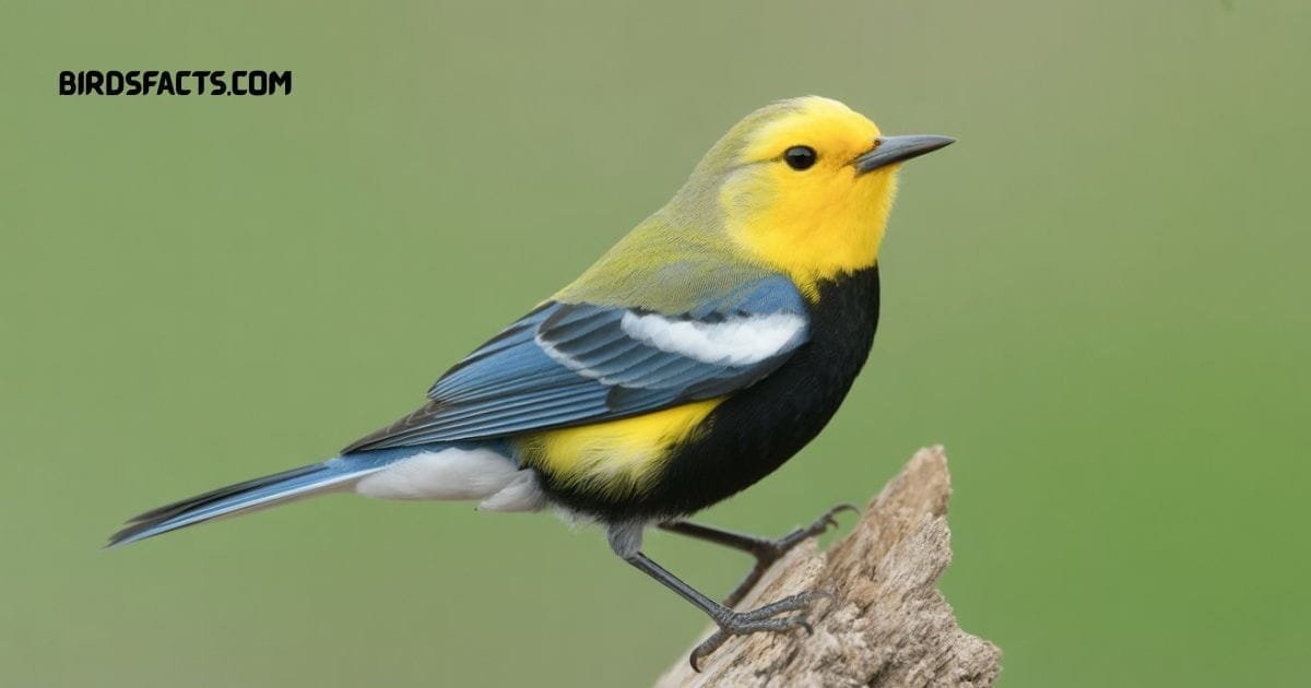 Blue-winged Warbler With Bright Yellow Body, Blue-gray Wings, And Slender Beak Perched On A Branch