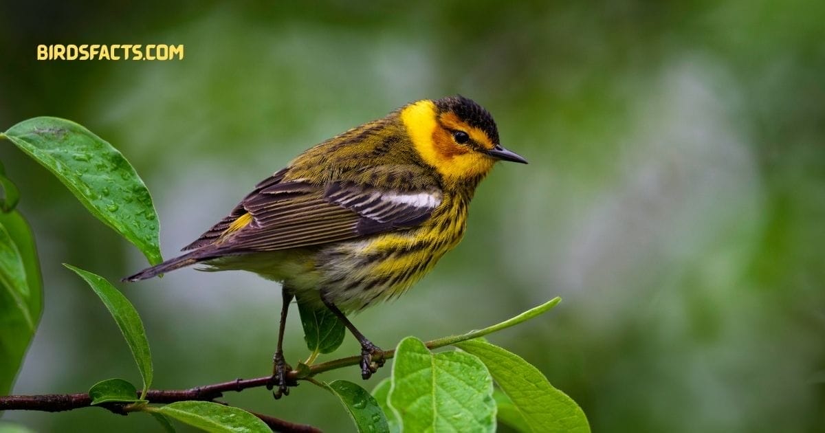 Cape May Warbler With Yellow Chest, Streaked Body, And Chestnut Cheek Patch Perched On A Tree Branch