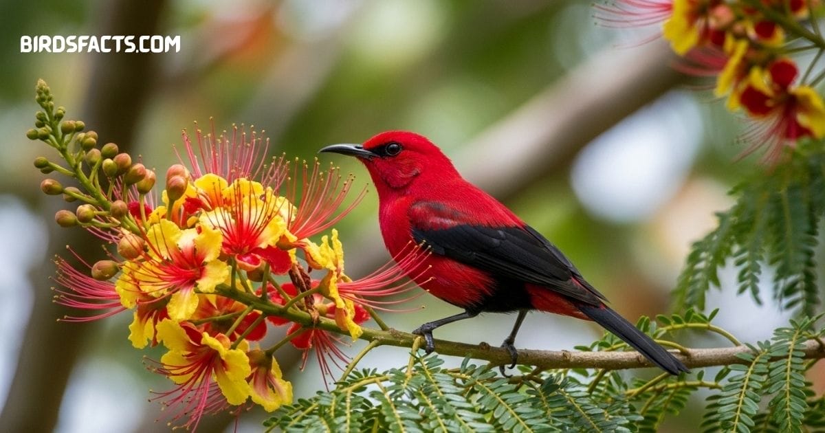 Apapane Bird (Himatione Sanguinea), A Native Hawaiian Honeycreeper With Vibrant Red Feathers And A Curved Bill Often Seen Feeding On ʻōhiʻa Lehua Blossoms.