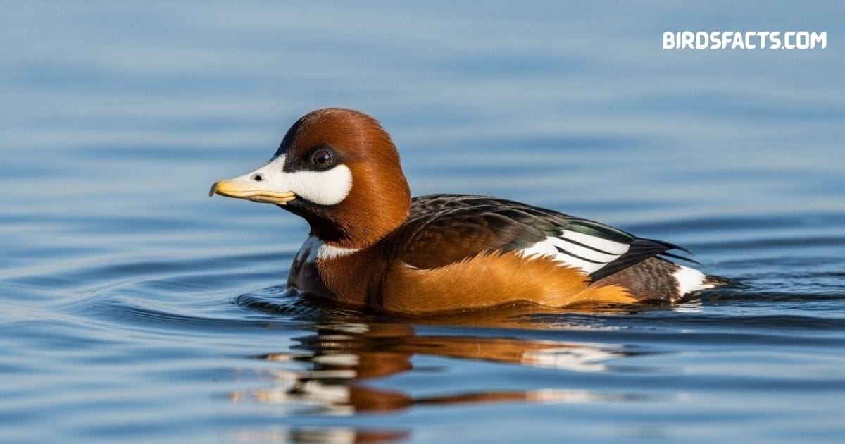 Barrow’s Goldeneye duck with black-and-white plumage and golden eye swimming on a lake